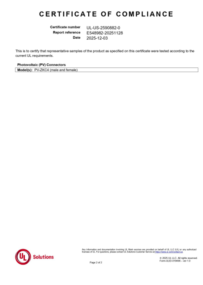 UL Certificate of Compliance for PV Connector PV-ZKC4