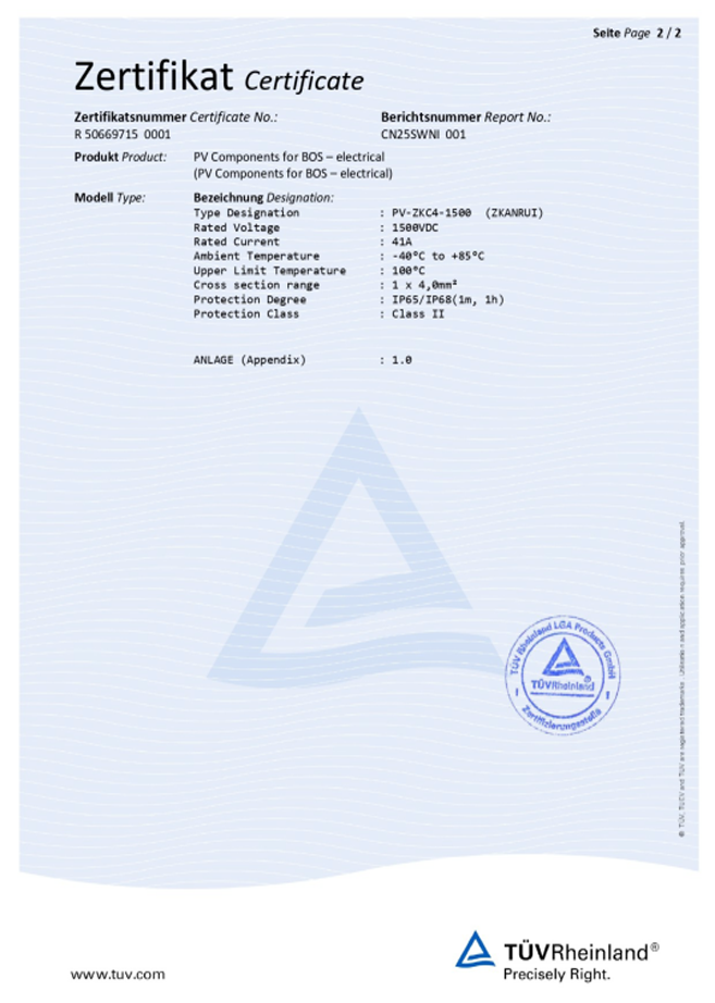 TÜV Rheinland Certificate Appendix for PV Junction Box PV-ZKC4-1500