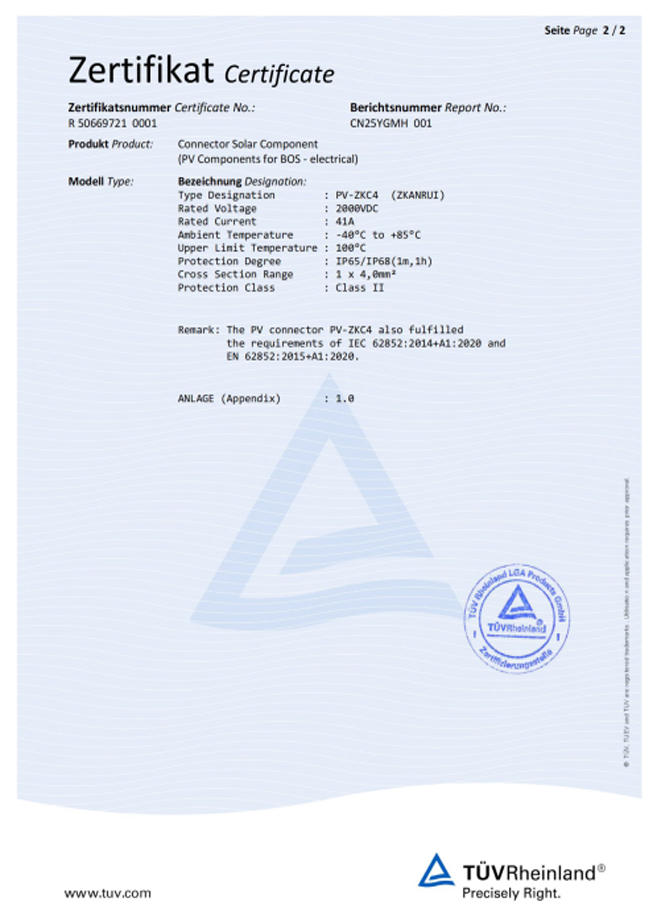 TÜV Rheinland Certificate Appendix for PV Connector PV-ZKC4