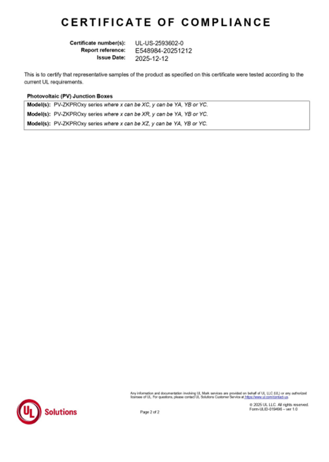 UL Certificate of Compliance for PV Junction Box